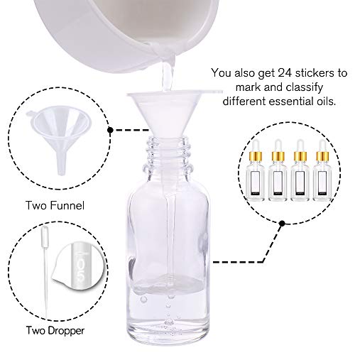 PrettyCare Glass Eye Dropper Bottles 2oz (60ml), 12 Pcs Clear Empty Thick Bottles Bulk with Leakproof Golden Caps - With Labels & Funnels for for Storage, Travel,Essential Oils, DIY Serums, Tincture - color: 2oz Clear, style: 12 Pack