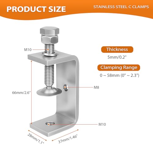 2-9/16 Inch C Clamp, 2 Pcs 304 Stainless Steel C Clamps, for WoodWorking, Small U Clamps for Mounting, Mini Desk Clamps with Stable Wide Jaw Opening & Protective Pads/I-Beam Design (65mm) - size: 2-9/16 Inch-2pcs（65mm）