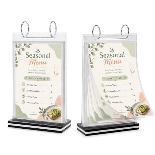 2Pcs Table Flip Menu Holder with 6 Pages Sleeve, 4" X 6" Tabletop Sign Vertical Display Stand with Base, Acrylic PVC Rotating Rack, for Photo, Restaurant, Bar, Job Fair - size: A6, Vertical, 2pcs