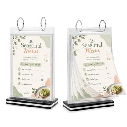 2Pcs Table Flip Menu Holder with 6 Pages Sleeve, 4" X 6" Tabletop Sign Vertical Display Stand with Base, Acrylic PVC Rotating Rack, for Photo, Restaurant, Bar, Job Fair - size: A6, Vertical, 2pcs