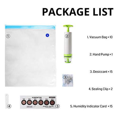 eVacuum 3D Printer Filament Storage Kit Filament Vacuum Bags Vacuum Compression Storage Bags, Prevent and Monitor Moisture - 10 Bags with 15 Desiccants, 15 Humidity Indicator Cards and 1 Hand Pump