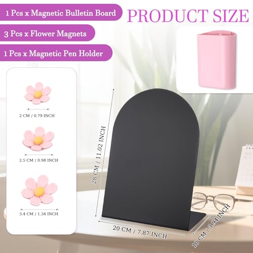 PATIKIL Magnetic Bulletin Board, Memo Magnet Display Stand Board with 3 Flower Magnets & Pen Holder for Home Office Kitchen Restaurant Cafe Supplies, Black/Pink - color: Black/Pink