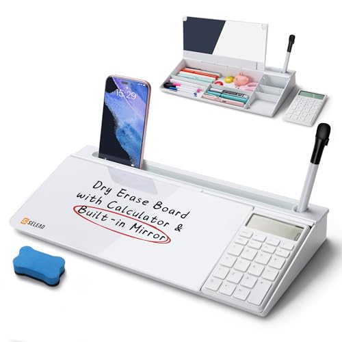 SELEAD Desktop Glass Whiteboard with Calculator & Built-in Mirror, White - color: White-calculator+mirror