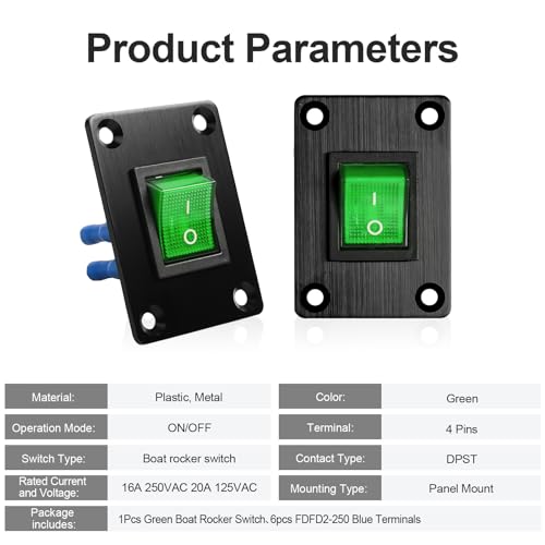 1Pcs Green LED KCD4 Boat Rocker Switch 2-Position 4-Pin DPST Panel Switch 16A 250VAC 20A 125VAC, with 6pcs FDFD2-250 Blue Terminals, CE - color: 1Pcs Green/with 6pcs FDFD2-250 Blue Terminals