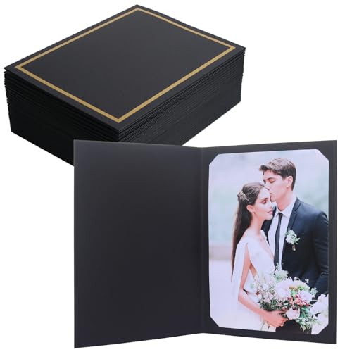 50 Count Photo Folders for 4x6 or 5x7 Pictures,Paper Picture Frames,Cardboard Greeting Photo Frame Cards for Graduation Wedding Birthday Classroom DIY (Black with Gold Trim) - style: 50CT - Black