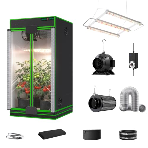 2x2 Complete Grow Tent Kit, 24x24x48 Indoor Grow Tent with 33W ABA LED Grow Light Bars, Inline Duct Fan, Carbon Filter, Fan Controller, 1680D, Silver Ducting, Hydroponic Indoor Growing Ventilation Kit