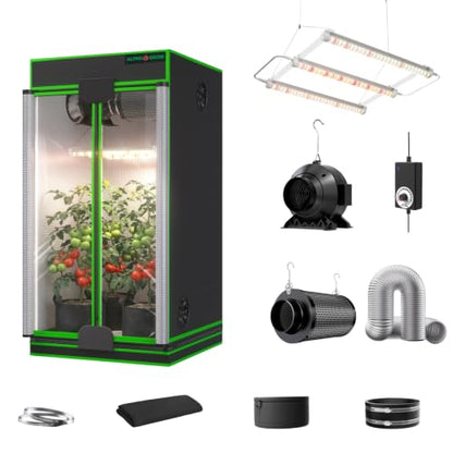 2x2 Complete Grow Tent Kit, 24x24x48 Indoor Grow Tent with 33W ABA LED Grow Light Bars, Inline Duct Fan, Carbon Filter, Fan Controller, 1680D, Silver Ducting, Hydroponic Indoor Growing Ventilation Kit