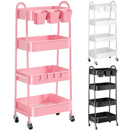 4 Tier Rolling Cart Metal with Lockable Wheels, Four Tiered Utility Carts - color: Fashion Pink, size: 4 tier