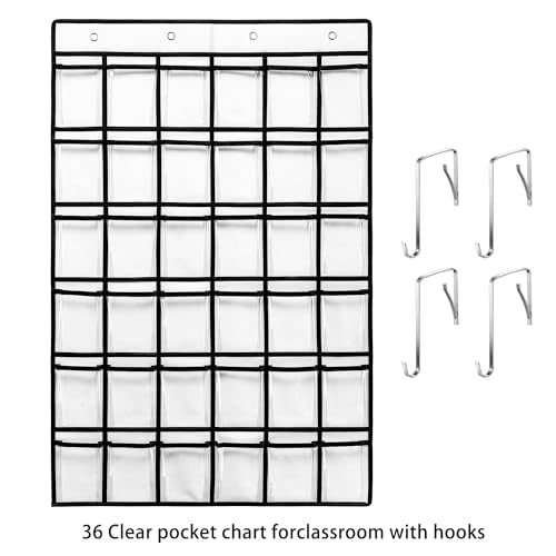 SAVERHO 36 Clear Pockets Classroom Pocket Chart for Cell Phones, Pocket Chart for Calculator Phone Holder with 36 Number Stickers and Hooks (White) - color: White-1pack of 36pockets