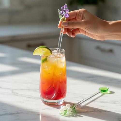 Homestia Glass Stirring Spoon, Swizzle Sticks with White Lily of the Valley - color: 2 PCS + 7.1" + White pink Bells Orchids Flower + Stirring spoon