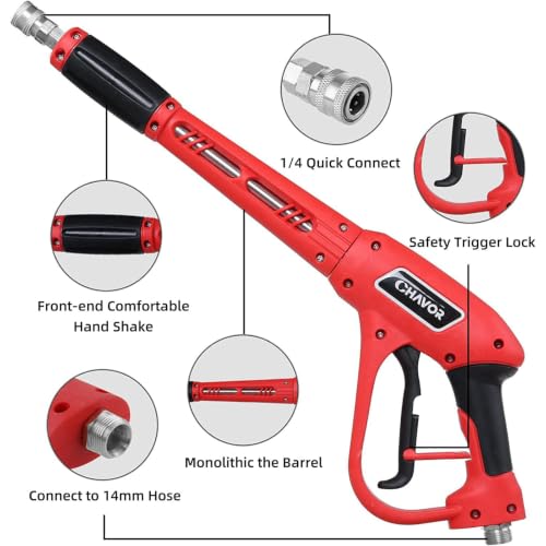 Pressure Washer Gun with Replacement Extension Wand, Upgraded Power Washer Gun with 5 Spray Nozzle Tips, M22 Fitting, 37 Inch, 3000 PSI - color: Red