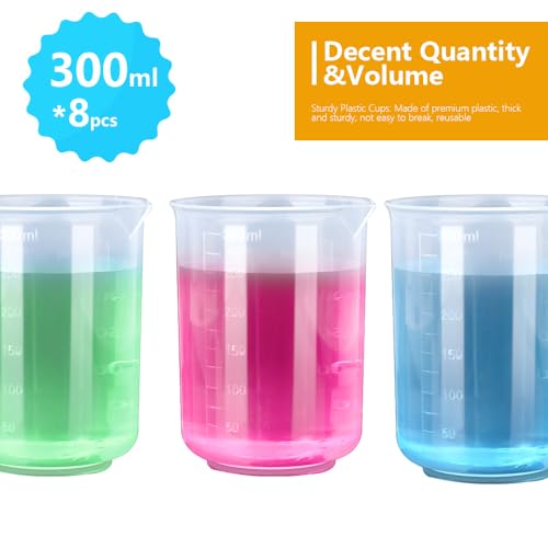 LEOBRO 8PCS Resin Mixing Cups, 300ML Plastic Measuring Cups for Resin, Paint Mixing Cups, Plastic Beakers, Liquid Measuring Cups