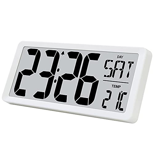 TXL 14.2" Large Digital Day Wall Clock, Custom 8 Languages Calendar, Count up-Down Timer and Temp Reminder, 12/24Hr Desktop Alarm Clock with Extra Large Display for Home Office Studio Hotel, White - color: White-14.2in