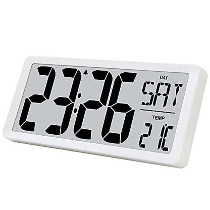 TXL 14.2" Large Digital Day Wall Clock, Custom 8 Languages Calendar, Count up-Down Timer and Temp Reminder, 12/24Hr Desktop Alarm Clock with Extra Large Display for Home Office Studio Hotel, White - color: White-14.2in