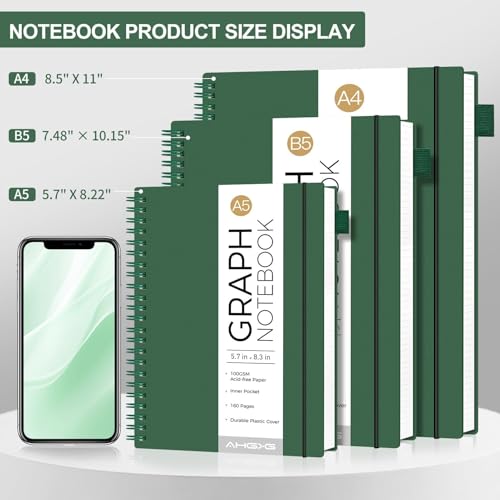 AHGXG Spiral Graph Paper Notebook, 110 Pages, A4 (8.5" x 11") - color: Green, style: A4-Graph
