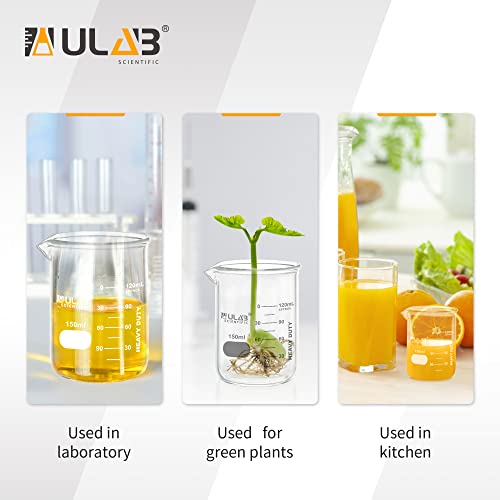 ULAB Heavy Duty Glass Beakers, 12pcs of Vol.150ml(5.07oz), Borosilicate 3.3 Glass, Thick Wall Beakers, with Double Scale, Superior Durability & Chemical Resistance, UBG1054 - style: 12pcs of Vol.150ml