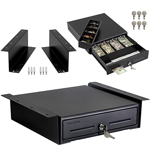 Volcora 13" Electronic Cash Register Drawer with Under Counter Mounting Metal Bracket - POS, 4 Bill 5 Coin Cash Tray, Removable Coin Compartment, 12-24V RJ11/RJ12 Key-Lock, Media Slot, Black - color: Black