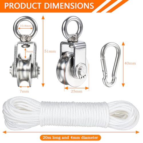 Stainless Steel Small Pulley M25, 20m Nylon Rope and 2pcs Clips for Outdoor DIY Pulley System, Bird Feeder, Sun Shade, Tent Poles, Kayak - size: 20m