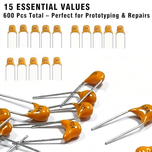 600 Pcs Ceramic Capacitor Assortment Kit - 15 Values from 10pF to 100nF - Multilayer Monolithic Capacitors for DIY Electronics, Repair & Prototyping