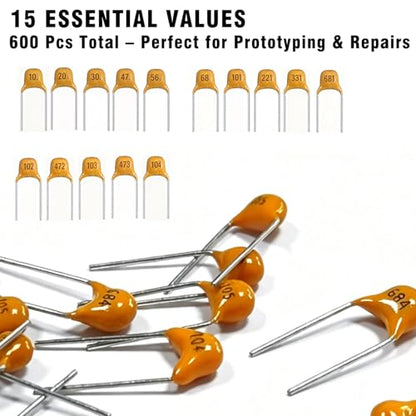 600 Pcs Ceramic Capacitor Assortment Kit - 15 Values from 10pF to 100nF - Multilayer Monolithic Capacitors for DIY Electronics, Repair & Prototyping