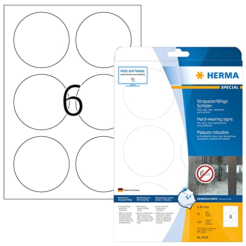 HERMA Self Adhesive Heavy Duty Weatherproof Foil Labels, 6 Labels Per A4 Sheet, 150 Labels for Laser Printers, Round, Ø 85 mm (8336) - size: Ø 85 mm, style: 25 Sheets