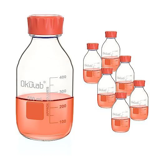 6pcs of 500ml(17oz) Round Media Storage Bottles, 3.3 Borosilicate Glass, with GL45 Screw Caps in PP Materia, GL45RB500B6 - style: 6pcs of 500ml