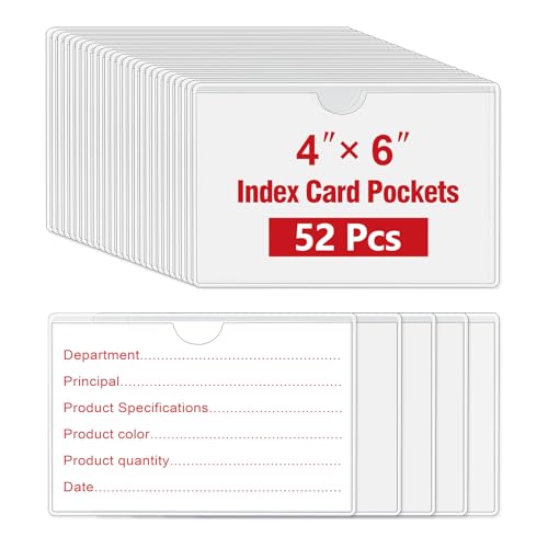 52 Pcs 4" x 6" Self Adhesive Index Card Pockets Label Pockets with Top Open - size: 4" x 6"