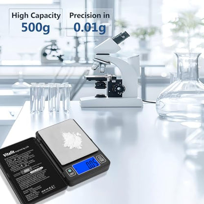 Vitafit 500g Digital Gram Scale in 0.01g, High Accuracy Assured by Built-in Level Bubble, Scale Professional Since 2001, Pocket Scale for Multi-Function: Kitchen, Food, Jewelry, Lab, Coffee, Black - size: 4.8 x 3.3in