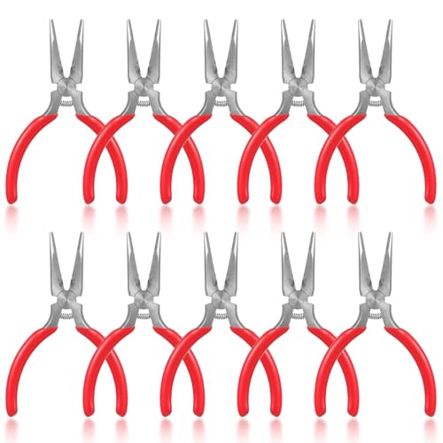 10 Pcs Mini Needle Nose Pliers, 4.7" Spring Loaded Thin Needle Nose Plier Small Plier with Wire Cutters for DIY Crafts Jewelry Making Tiny Project (Red)