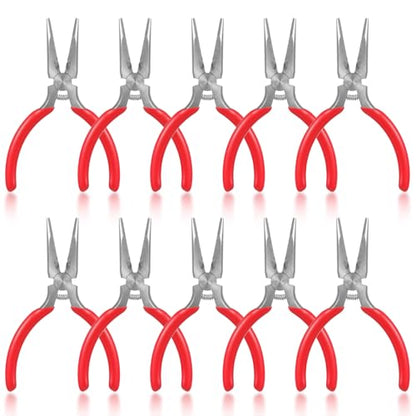 10 Pcs Mini Needle Nose Pliers, 4.7" Spring Loaded Thin Needle Nose Plier Small Plier with Wire Cutters for DIY Crafts Jewelry Making Tiny Project (Red)