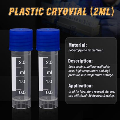 100 Pcs 2ml Small Vials with Screw Caps Centrifuge Tubes Plastic Sample Tubes Cryogenic Vials Graduated Bottles Test Tubes with Lids (Blue) - color: Blue