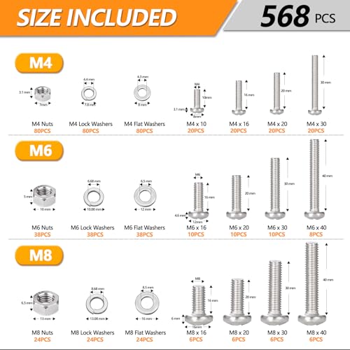 568 Pcs M4 M6 M8 Phillips Pan Head Machine Screws Bolts Assortment Kit - size: M4/M6/M8 - 10/16/20/30/40mm
