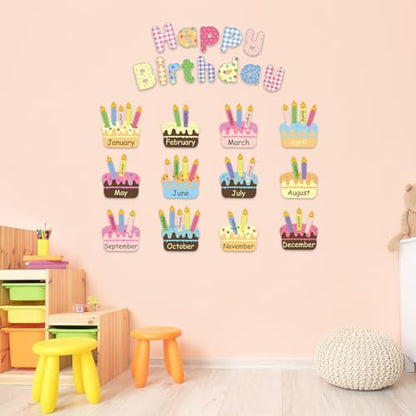 FYSUIMU 67 Pcs Happy Birthday Bulletin Board Decoration Set Birthday Cake Cutouts Back to School Paper Cutting with Glue Points for First Day of School Party Classroom Wall Calendar