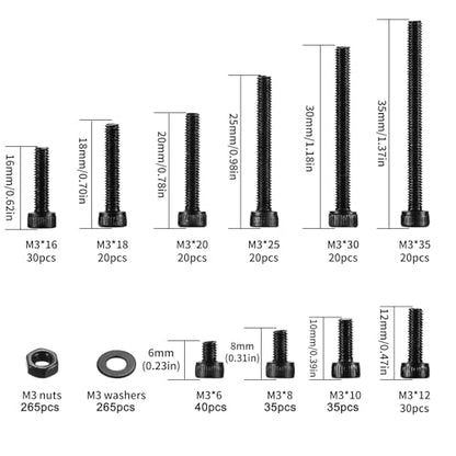 M3 Hex Socket Head Cap Screws Bolts and Nuts and Washers Assortment Kit, 801 Pcs Metric Allen Hex Socket Head Cap Screws Bolts, 12.9 Grade Alloy Steel, Fully Threaded, Black Oxide Finish - size: M3-801
