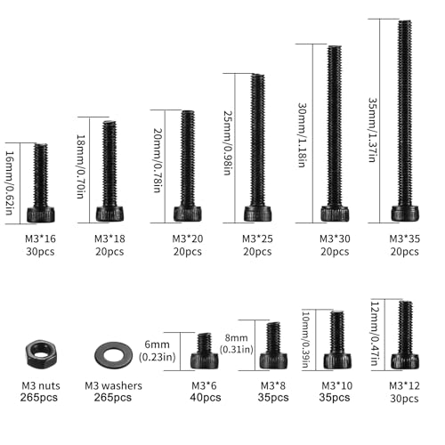 M3 Hex Socket Head Cap Screws Bolts and Nuts and Washers Assortment Kit, 801 Pcs Metric Allen Hex Socket Head Cap Screws Bolts, 12.9 Grade Alloy Steel, Fully Threaded, Black Oxide Finish - size: M3-801