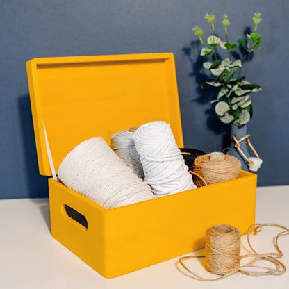 Creative Deco Large Yellow Wooden Box Storage with Hinged Lid - color: Yellow, size: L | Handles