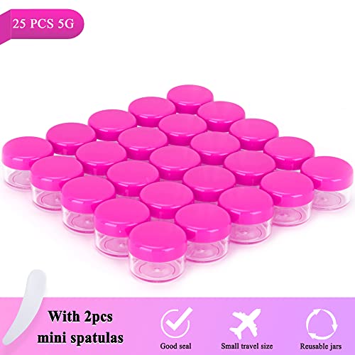 25PCS 5 Gram Sample Containers, 5ml Empty Jars with Lids, Small Cosmetic Containers, Mini Sample Jars with 2PCS Mini Spatulas for Make Up, Oils, Lotion, Powder, Paint, Jewelry, Lip Balms(Pink Lid) - color: Pink, size: 25 Count