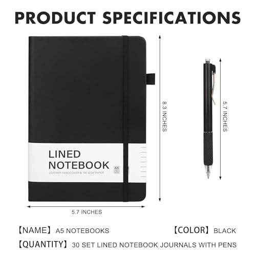 Aodaer 30 Set Lined Notebook Journals with Pens A5 Notebooks 100 GSM College Ruled Hardcover Notebook PU Leather Notepad with Pen Holder for Office School, 5.7 x 8.3 Inches, Black - color: Black