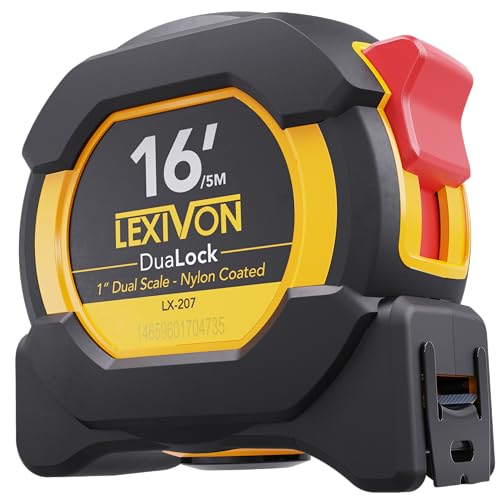 LEXIVON 16Ft/5m DuaLock Tape Measure | 1-Inch Wide Blade with Nylon Coating, Matt Finish White & Yellow Dual Sided Rule Print | Ft/Inch/Fractions/Metric (LX-207) - size: 4.9 m