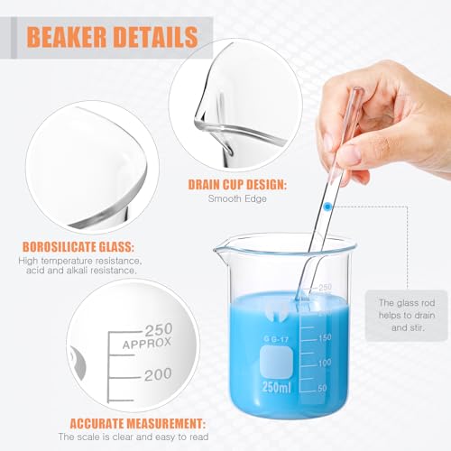 Feekoon 10 Pieces Glass Measuring Beaker Graduated Measuring Cylinder with Stirring Rod 50/100/ 250/500/ 1000 ml Thick Glass Beakers 5/10/ 50/100 ml Graduated Cylinders for Science Lab(5.9 Inch)
