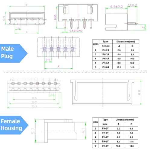 630PCS JST XH Connector Kit XH2.54mm Adapter Cable Terminal Connectors Set with 2.54 mm Pitch 2 3 4 5 6Pin Female Housing and Male Plug - style: XH2.54mm-630PCS