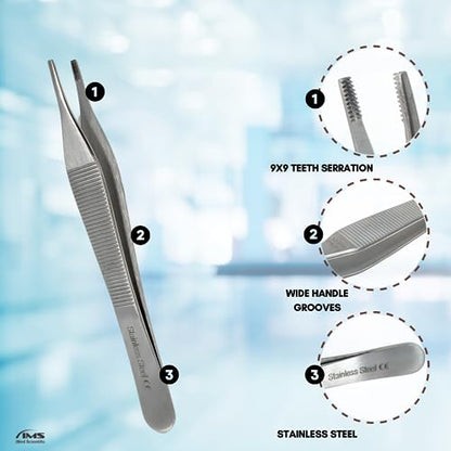 ADSON Forceps Tissue 1X2 Teeth ADSON Brown Forceps ADSON Dressing Forceps 4.75" Wide Handle Ridged Grip, Stainless Steel (Adson Brown - STR) - color: Adson Brown - Str