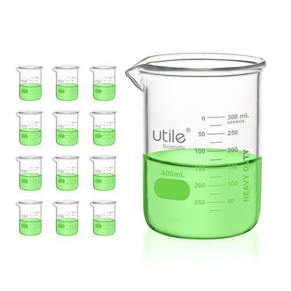 Utile 400ml Beaker Set, 12pcs of 13.5oz Upgraded Thickening Grass Beakers, Low Form Chemical Lab Beakers, Borosilicate 3.3 Glass with Printed Graduation, 4000.0400.12 - style: 12pcs of Vol.400ml