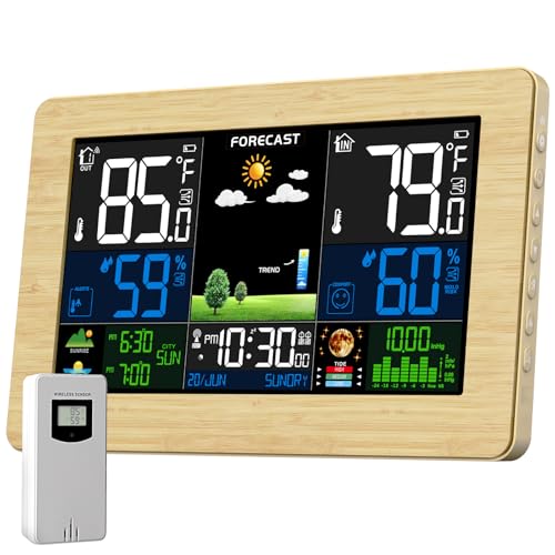 Weather Station Wireless Indoor Outdoor, Digital Thermometer with Remote Sensor, HD Home Weather Stations with Temperature Humidity, Weather Forecast, Atomic Clock, Barometric Pressure - color: Wood