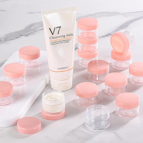 Refillable Cosmetic Sample Jars - 100 Pack 15g (0.5oz) Pink Small Travel Containers with Lids + 10 Mini Makeup Spatulas - BPA Free - color: Pink, size: 15g (100 Count)