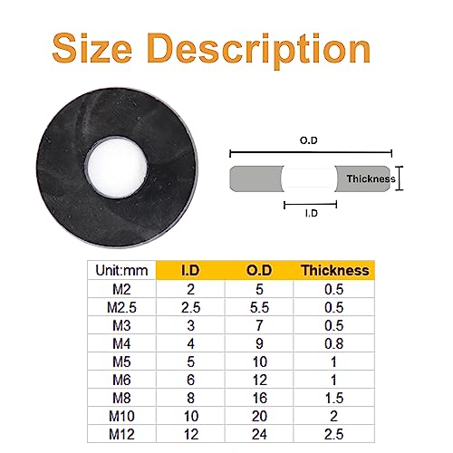 1000pcs Black Flat Washer Assortment Kit, M2 M2.5 M3 M4 M5 M6 M8 M10 M12
