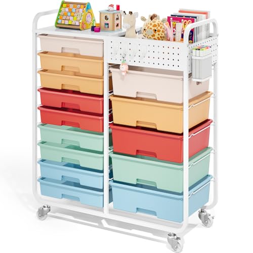14 Drawer Rolling Storage Cart with Tabletop and Pegboard for Craft Color - color: Rainbow