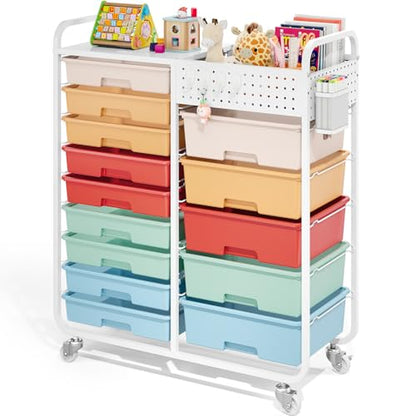 14 Drawer Rolling Storage Cart with Tabletop and Pegboard for Craft Color - color: Rainbow