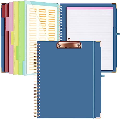 Ospelelf Clipboard with Storage 8.5 X 11，Padfolio Organizer, Spiral Portfolio Letter Size with Notepad, Pen Holder, 5 Extra Folder Divider Pages, Elastic Closure Nurse Office Essentials (Dark Blue) - color: Dark Blue