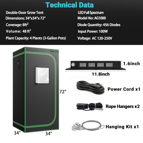 34x34 Grow Tent Kit with LED Grow Light, 34"x34"x72" 1680D Mylar Indoor Grow Tent Starter System with AG1000 100W Full Spectrum Dimmable Plant Light for Hydroponics, Herbs, Vegetables, Seedlings - size: 34" x 34" x 72"